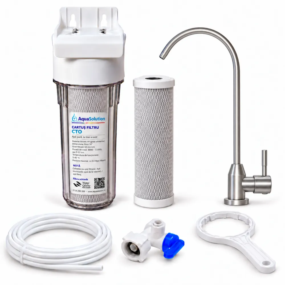 Filtru de apă AquaSolution CTO transparent cu robinet cu clapetă și kit de instalare